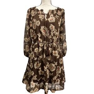 Rock & Roll Cowgirl Brown Boho Peasant Dress Medium Long Sleeve Lined